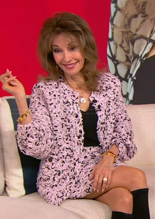 Susan Lucci's pink tweed cardigan and skirt on Tamron Hall Show