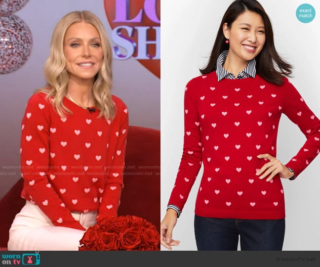 Talbots Crewneck Sweater in Hearts worn by Kelly Ripa on Live with Kelly and Mark