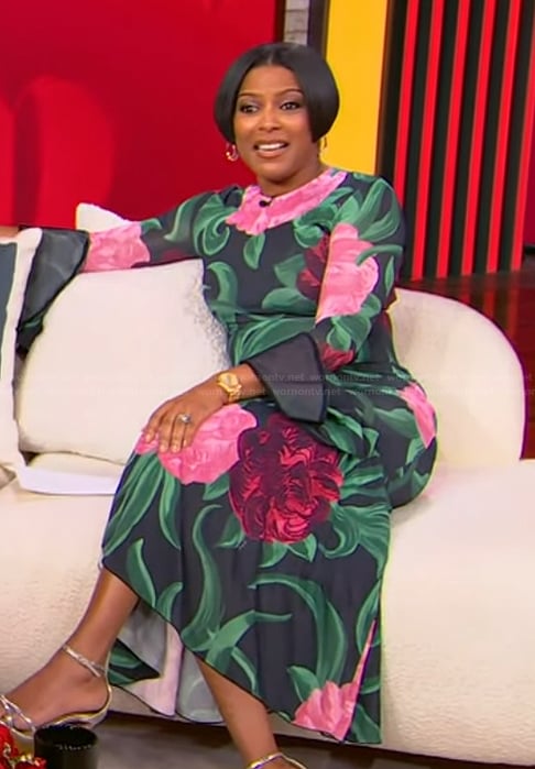 Tamron's black floral print long sleeve dress on Tamron Hall Show