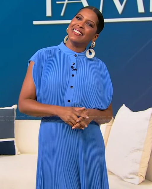 Tamron’s blue pleated button front dress on Tamron Hall Show