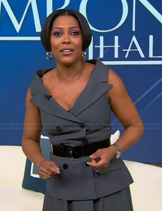 Tamron’s gray double breasted dress on Tamron Hall Show