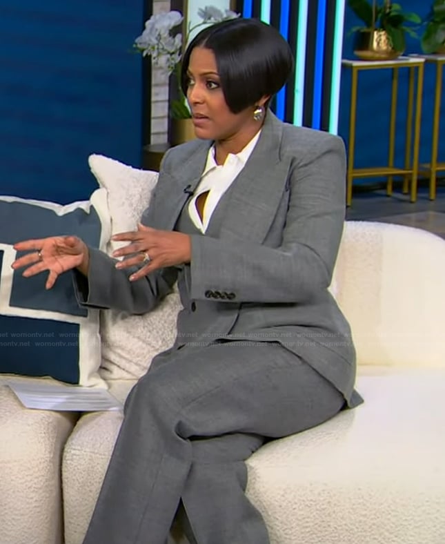 Tamron’s gray double breasted suit on Tamron Hall Show