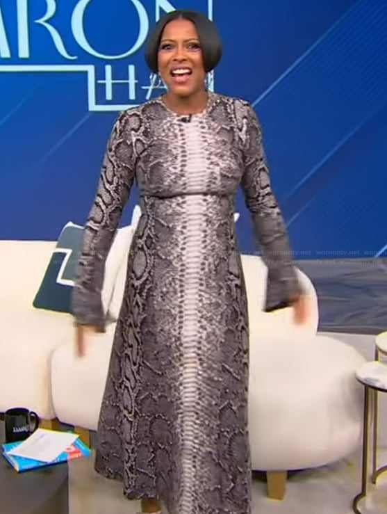 Tamron's gray snake skin print dress on Tamron Hall Show