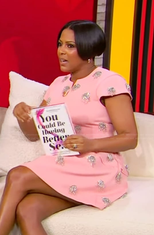 Tamron's pink embellished mini dress on Tamron Hall Show