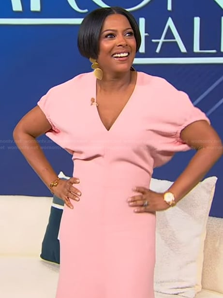 Tamron’s pink v-neck dress on Tamron Hall Show