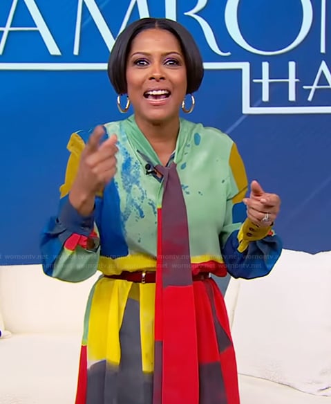 Tamron’s printed tie neck maxi dress on Tamron Hall Show