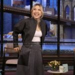 Taylor Thompson’s black denim skirt on Live with Kelly and Mark