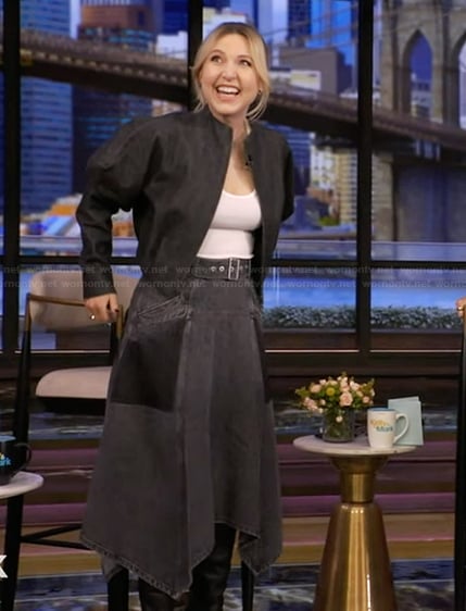 Taylor Thompson’s black denim skirt on Live with Kelly and Mark
