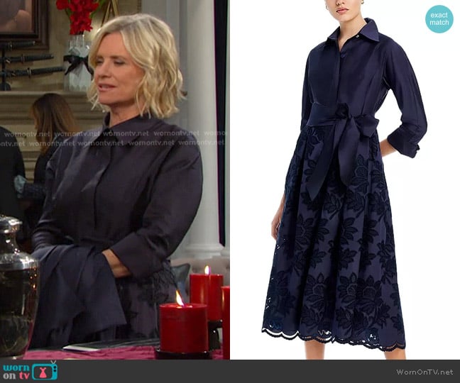 Kayla’s navy floral embroidered shirtdress on Days of our Lives