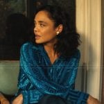 Anna’s blue monogram print metallic blouse on His & Hers