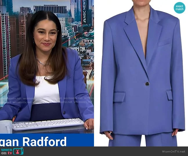 The Attico Oversized Single-Breasted Blazer in Violet worn by Morgan Radford on NBC News Daily