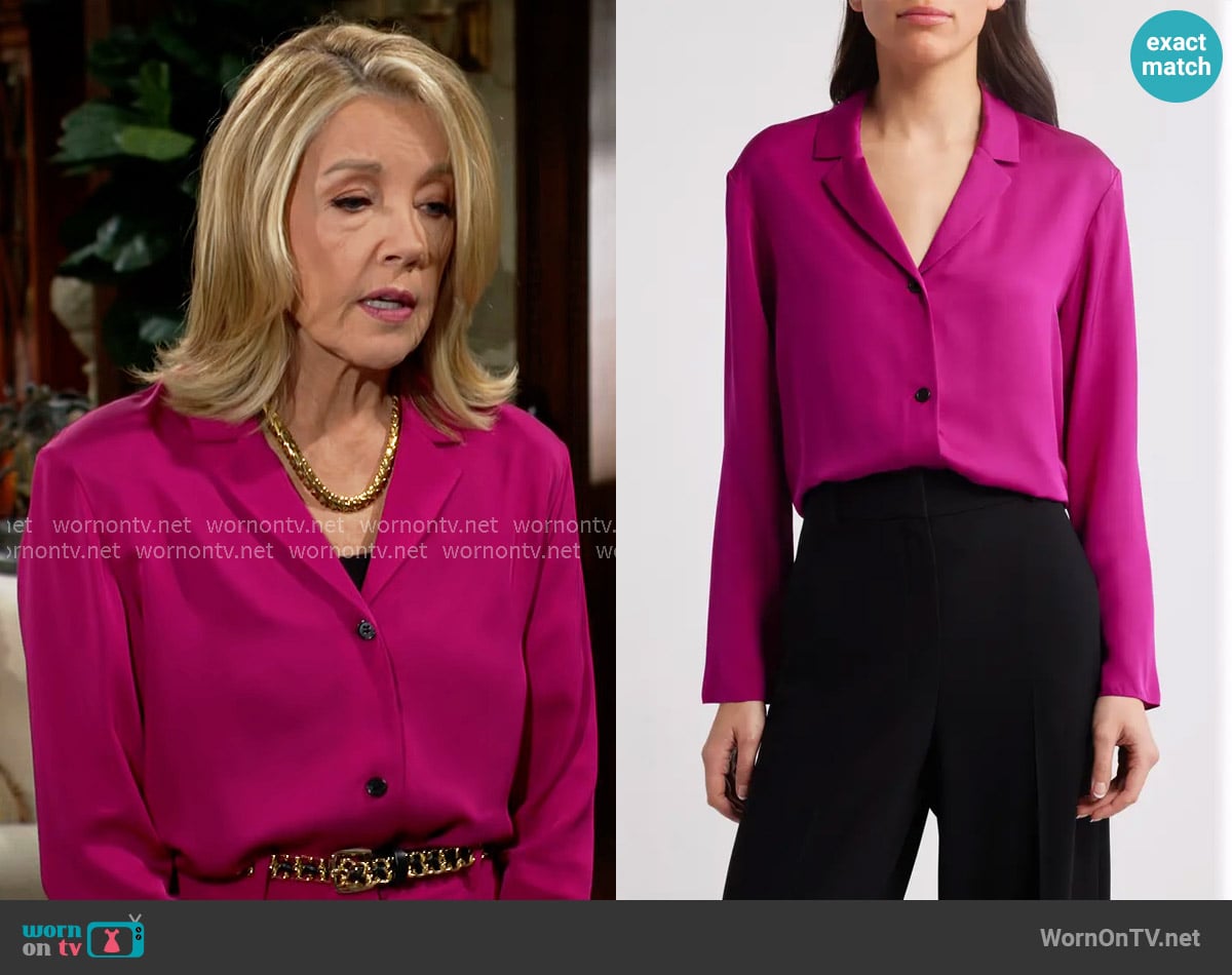 Theory Silk Button Up Blouse in Wildflower worn by Nikki Reed Newman (Melody Thomas-Scott) on The Young and the Restless