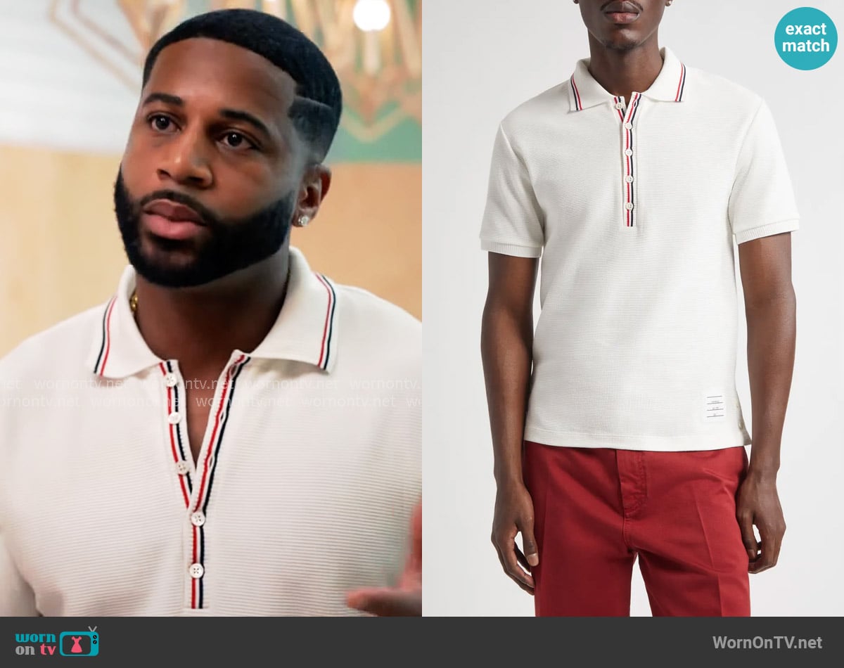 Thom Browne Stripe Trim Waffle Stitch Polo worn by Zac Taylor (Devale Ellis) on Tyler Perrys Sistas