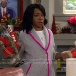 Tina's grey cardigan with pink trim on The Neighborhood