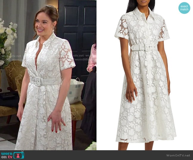 Stephanie’s white floral lace belted dress on Days of our Lives