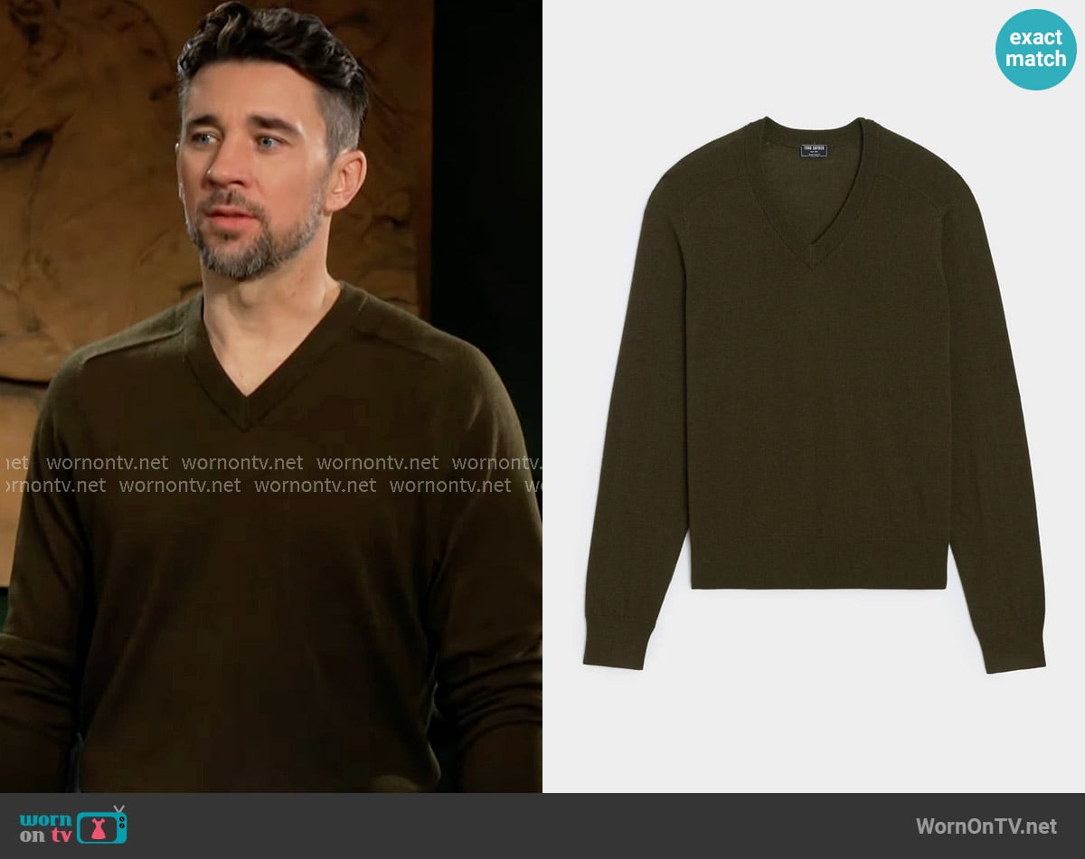 Cane’s olive green v-neck sweater on The Young and the Restless