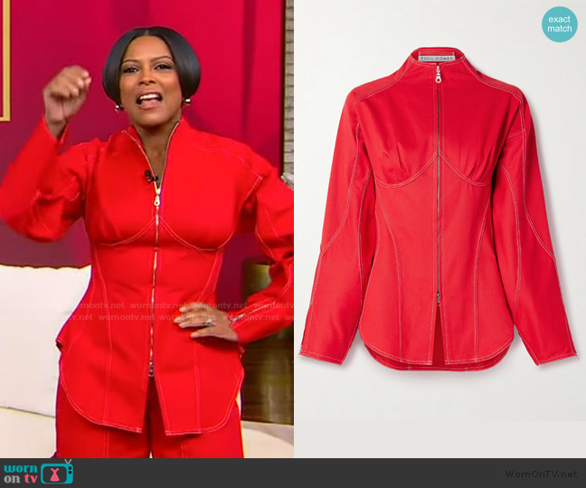 Tolu Coker Paneled denim jacket worn by Tamron Hall on Tamron Hall Show