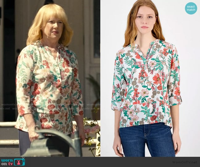 Tommy Hilfiger Floral Split-Neck Top worn by Lynn Gardner (Julia Duffy) on The Burbs