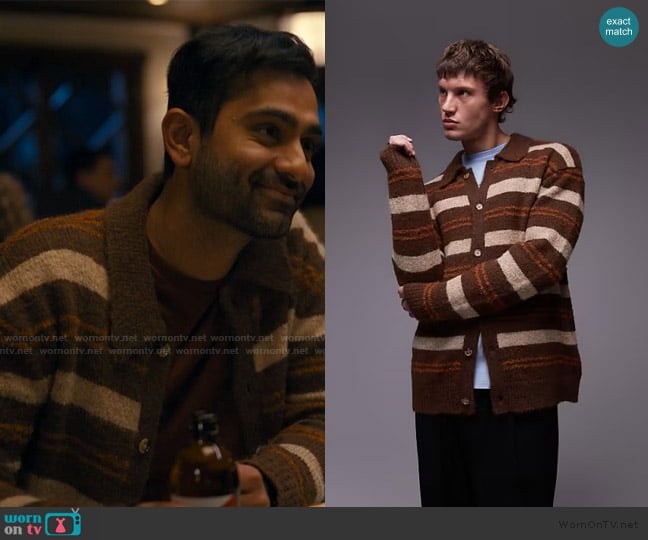 Topman Relaxed polo cardigan in brushed brown stripe worn by Naveen Varma (Kapil Talwalkar) on The Burbs