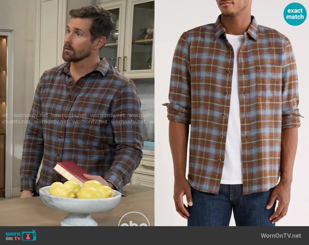 Treasure & Bond  Ombré Check Slub Cotton Flannel Button-Up Shirt in Brown Desert Milo Plaid worn by Cody Bell (Josh Kelly) on General Hospital
