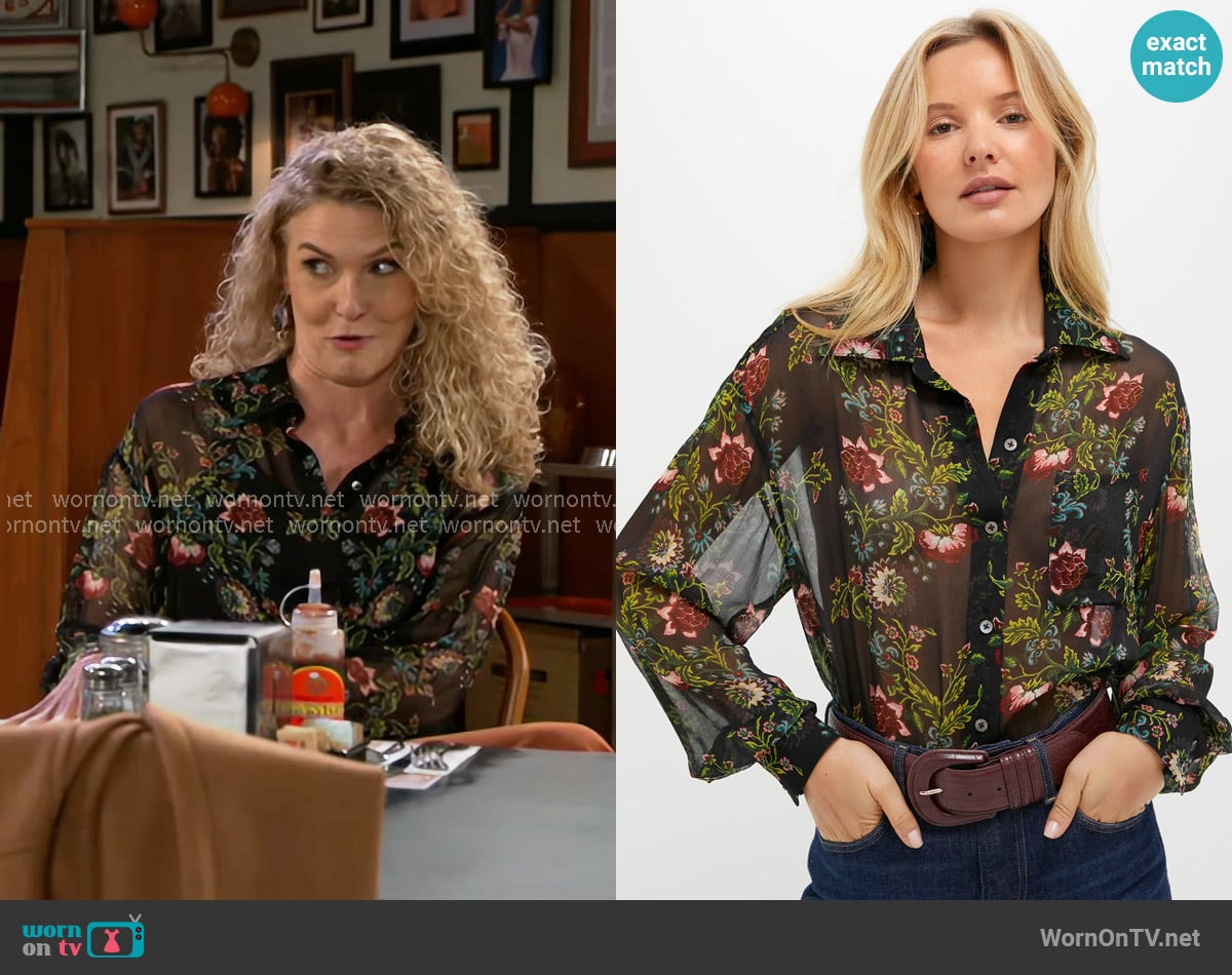 Tuckernuck Midnight Moonflower Sheer Alysse Blouse worn by Jan Morgan (Jerri Tubbs) on Beyond the Gates