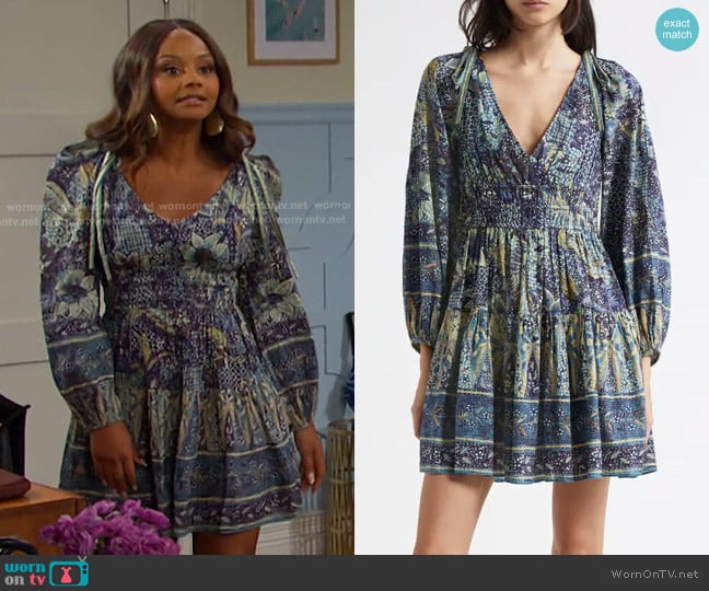 Ulla Johnson Anika Floral Print Long Sleeve Minidress worn by Chanel Dupree (Raven Bowens) on Days of our Lives