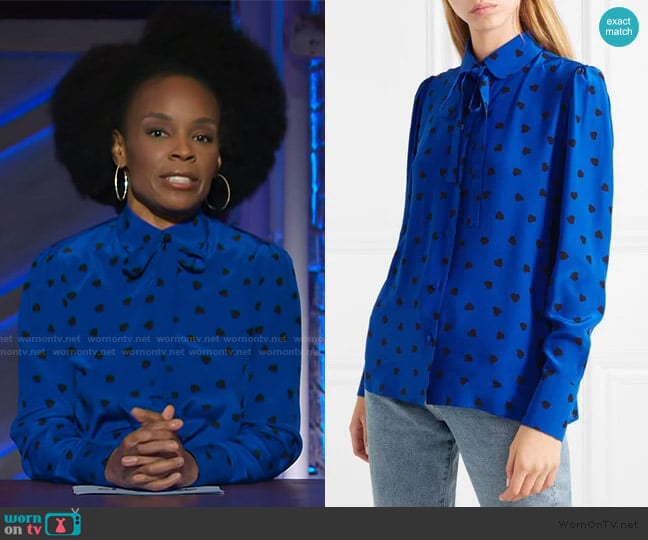 Valentino Pussy-Bow Printed Silk Blouse worn by Amber Ruffin on The Kelly Clarkson Show