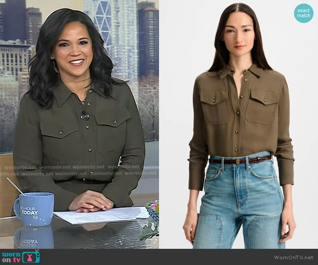 Veronica Beard Pepper Button-Down Blouse in Cypress worn by Laura Jarrett on Today