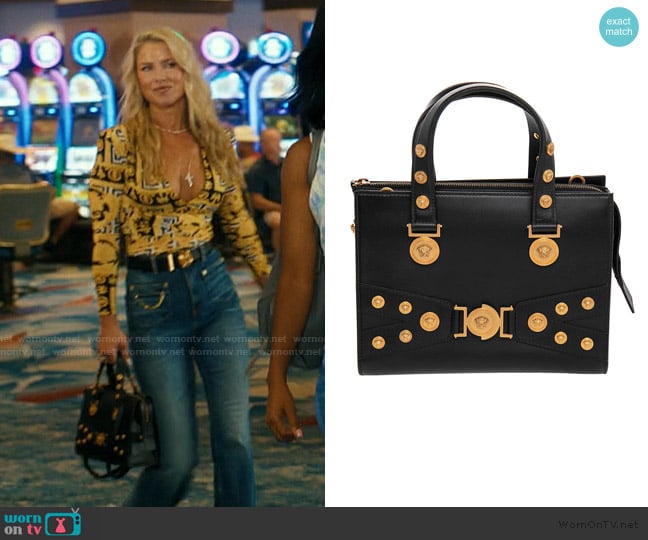 Versace Black Leather Medusa Embellished Tribute Tote worn by Angela Norris (Ali Larter) on Landman