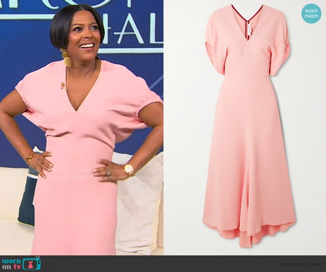 Tamron’s pink v-neck dress on Tamron Hall Show