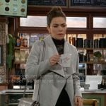 Victoria’s black floral turtleneck and grey coat on The Young and the Restless