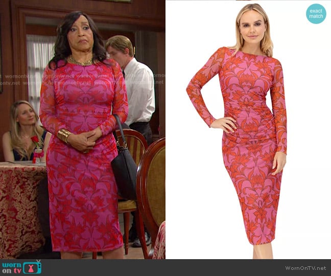 Vince Camuto Bodycon Mesh-Sleeve Ruched Dress in Pmu worn by Paulina Price (Jackée Harry) on Days of our Lives
