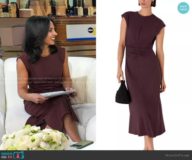 Whistles Gathered Midi Dress in Burgundy worn by Dr. Tara Narula on Good Morning America