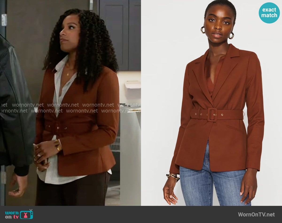 White House Black Market Belted Blazer in Haute Chocolate worn by Naomi Hamilton Hawthorne (Arielle Prepetit) on Beyond the Gates