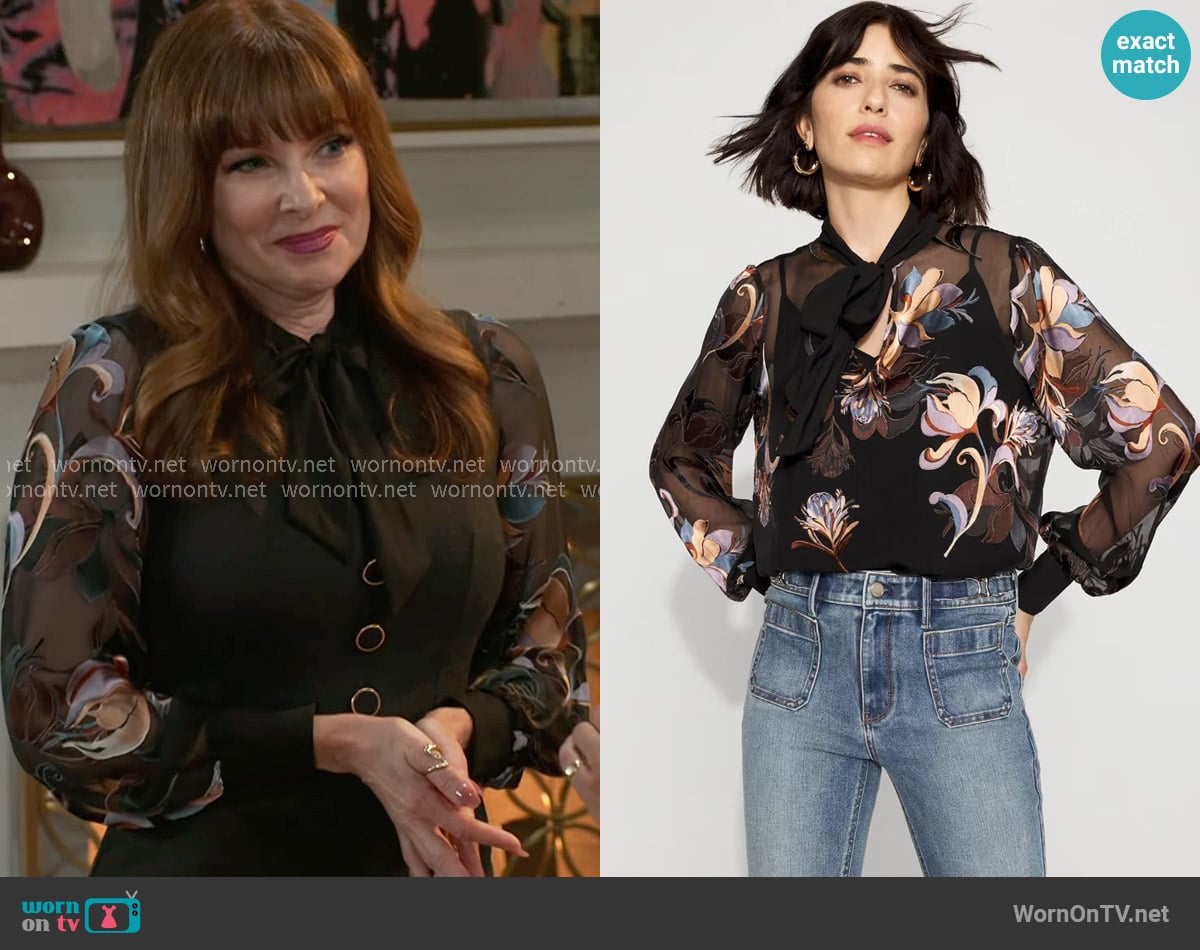 White House Black Market Floral Silk Burnout Tie-Neck Blouse worn by Pamela Curtis (Cady McClain) on Beyond the Gates