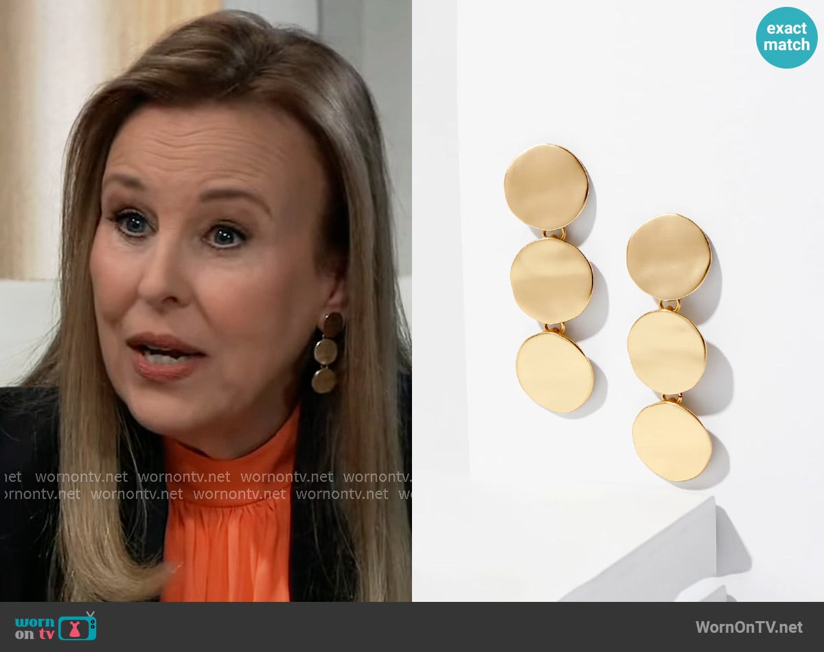 White House Black Market Goldtone Wavy Disc Linear Earrings worn by Laura Collins (Genie Francis) on General Hospital