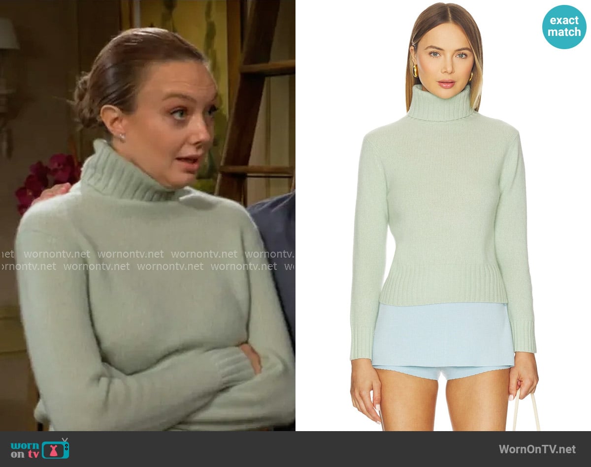 White & Warren Cashmere Featherweight Turtleneck Sweater in Mint Green worn by Abby Newman (Melissa Ordway) on The Young and the Restless