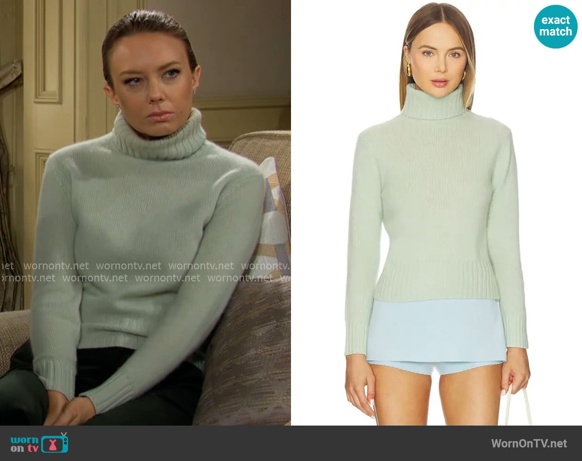 White & Warren Cashmere Featherweight Turtleneck Sweater in Mint Green worn by Abby Newman (Melissa Ordway) on The Young and the Restless
