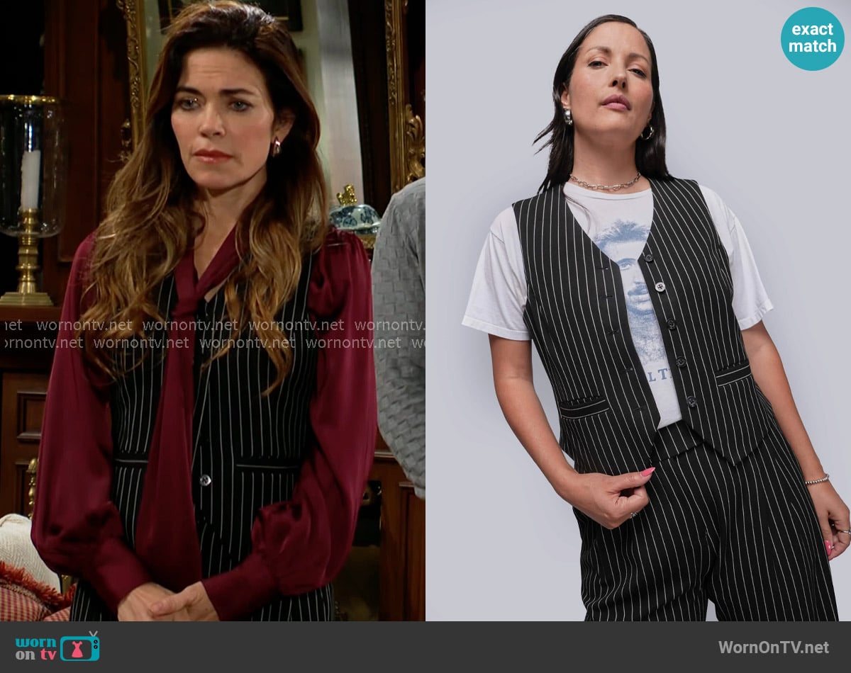 Wildfang The Empower Pinstripe Vest in Black Stone worn by Victoria Newman (Amelia Heinle) on The Young and the Restless