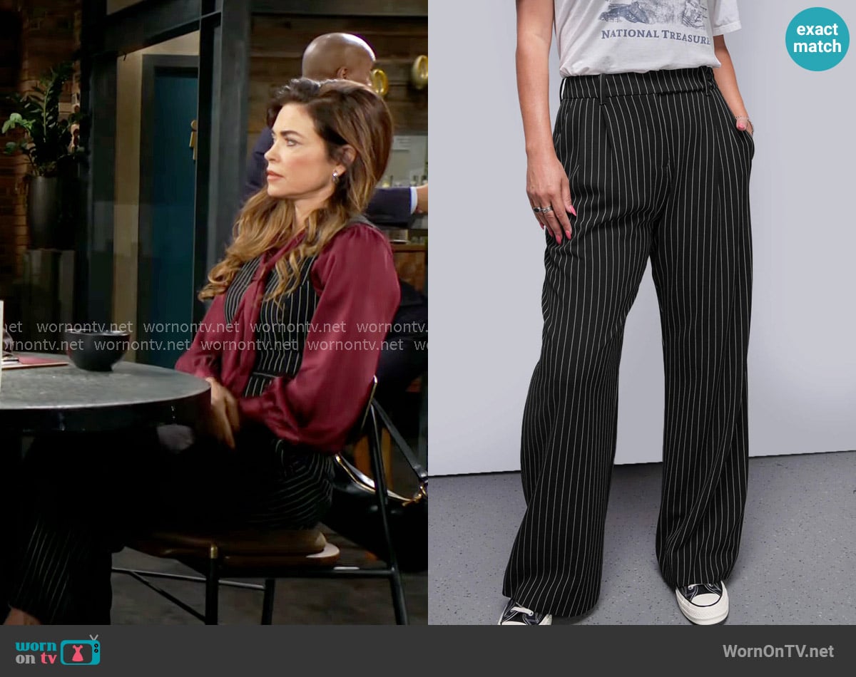Wildfang The Empower Pinstripe Wide Leg Trouser in Black Stone worn by Victoria Newman (Amelia Heinle) on The Young and the Restless