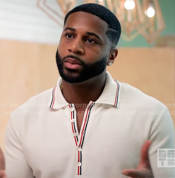 Zac’s polo shirt with striped trim on Tyler Perrys Sistas