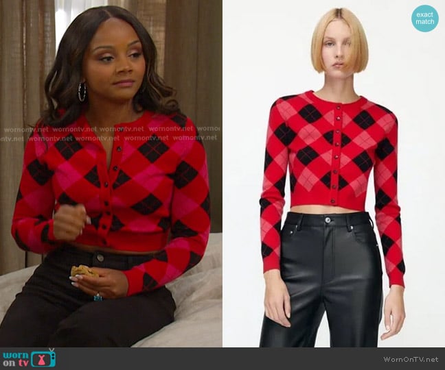 Zara Argyle Knit Cardigan worn by Chanel Dupree (Raven Bowens) on Days of our Lives