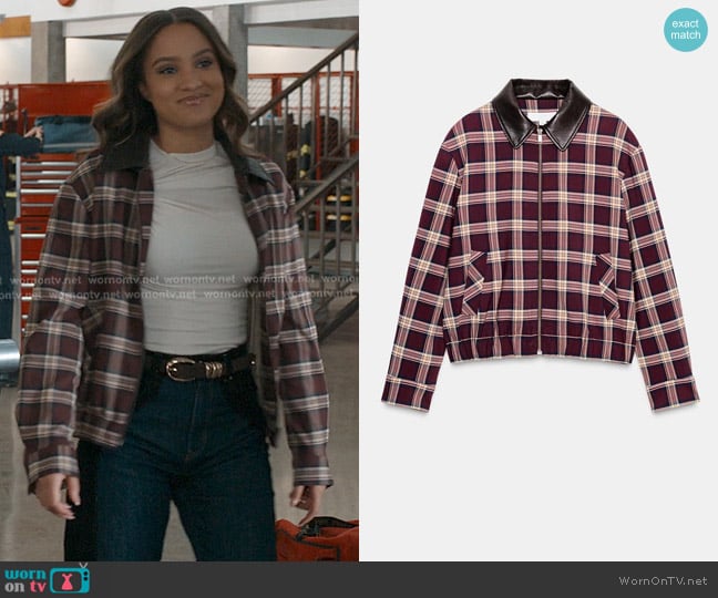 Zara Faux Leather Lapel Check Bomber Jacket in Maroon worn by May Grant (Corinne Massiah) on 9-1-1