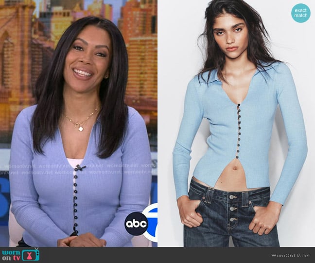 Zara Polo Knit Cardigan in Light Blue worn by Shirleen Allicot on Good Morning America