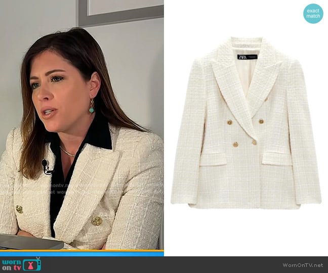Zara Textured Double Breasted Blazer in Ecru worn by Chloe Melas on Today