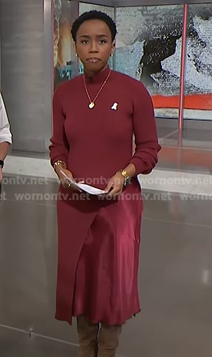 Zinhle's red ribbed asymmetric sweater on NBC News Daily
