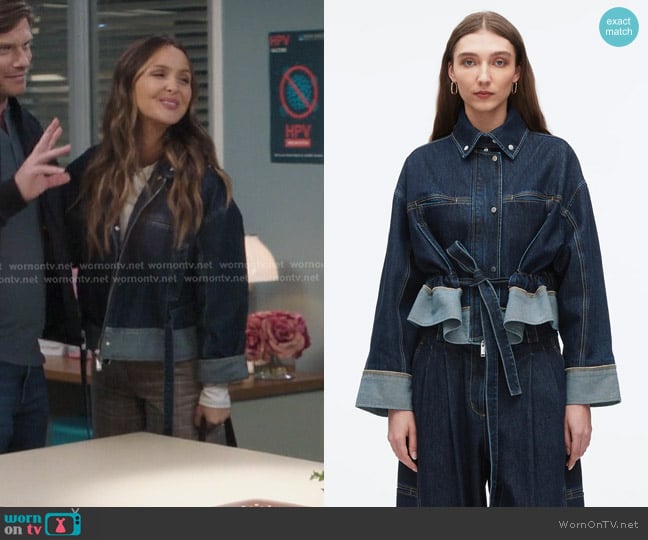 3.1 Phillip Lim Boxy Denim Jacket in Dark Indigo worn by Jo Wilson (Camilla Luddington) on Greys Anatomy