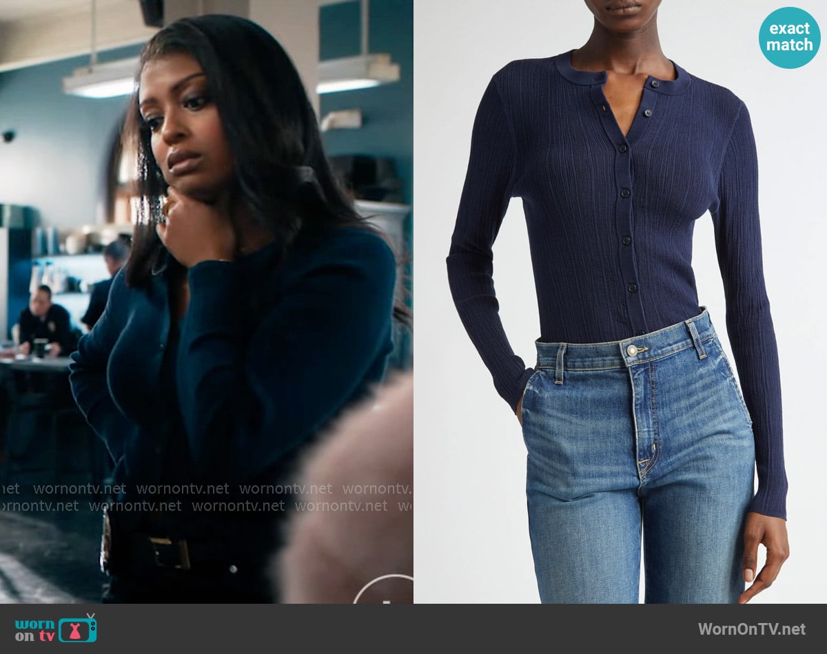 Daphne’s navy blue cardigan on High Potential