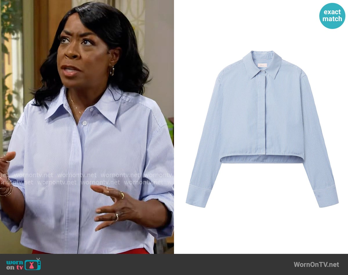 A.L.C. Maude Shirt in French Blue/White worn by Tina Butler (Tichina Arnold) on The Neighborhood
