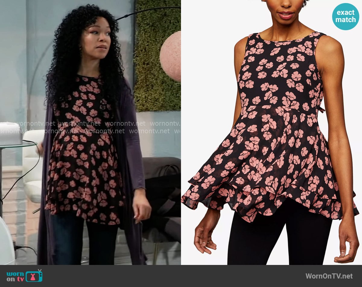 A Pea in the Pod Maternity Floral-Print Peplum Top worn by Portia Robinson (Brook Kerr) on General Hospital